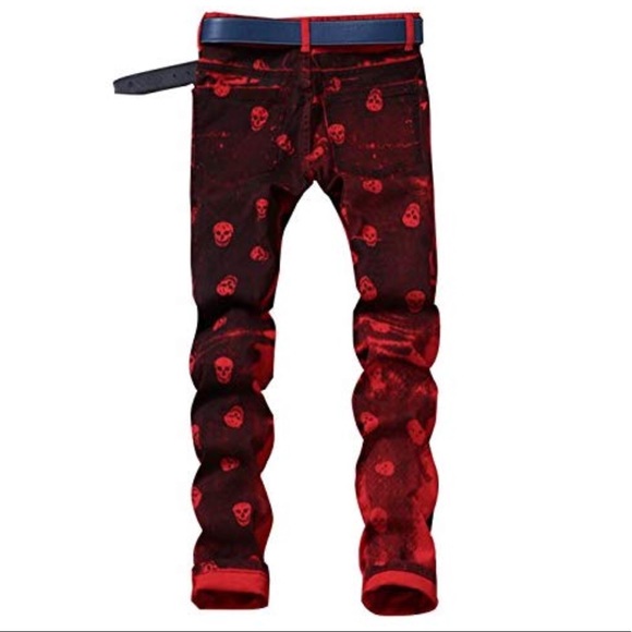 SOLD LAMCORD Red Black Skull Slim Fit Skinny Jeans - Picture 6 of 8